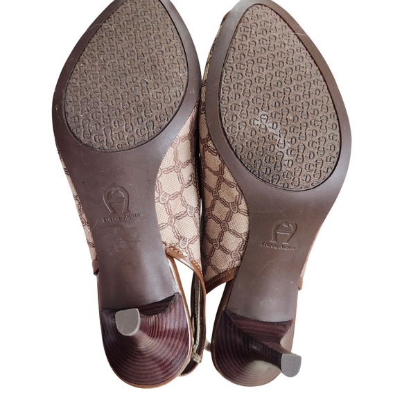 Vtg Etienne Aigner Slingback Heels Women 9M Brown Monogram Peep Toe Buckle Y2K - Picture 7 of 12